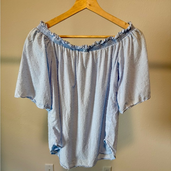 H&M Light Blue Off-Shoulder Women's Cotton Top textured Dot Design Size 6 - Picture 2 of 6